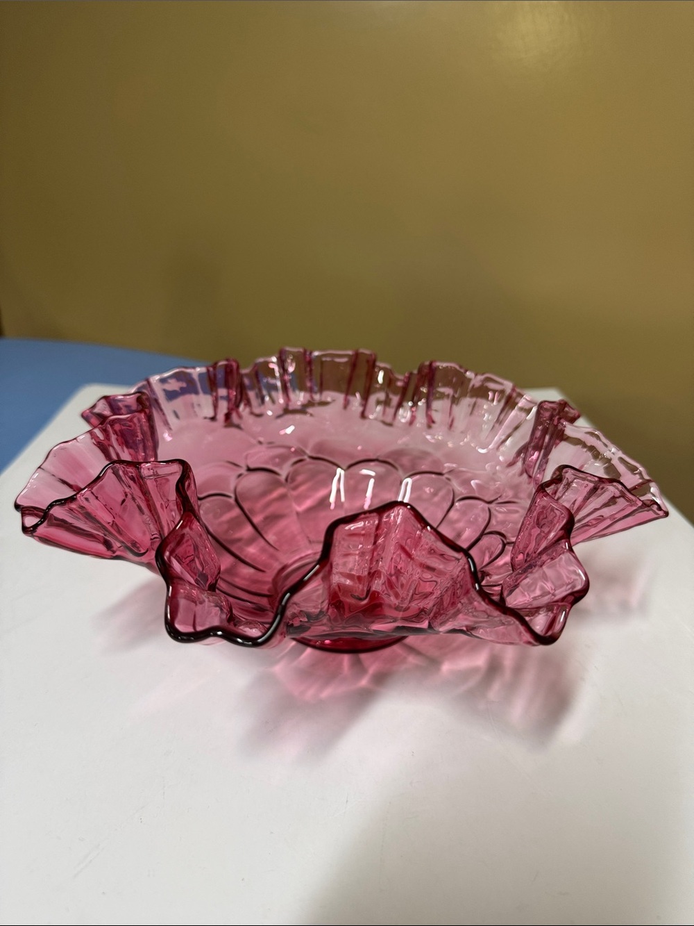 FENTON Jacqueline ART GLASS CRANBERRY BOWL WITH RUFFLED EDGES - 9 3/4"